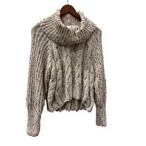L. Serein Chunky Cable Knit Confetti Cropped Sweater Cowl Neck Size L High Low
